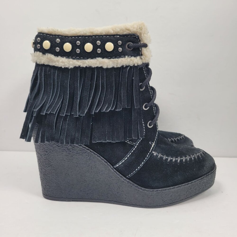 Sam Edelman Black Suede Leather Fringe Studded Kemper Boots US Size 8.5M